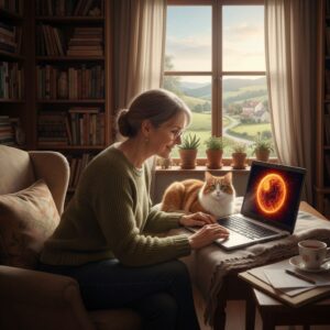 AI generated image of a woman doing UFO field research online